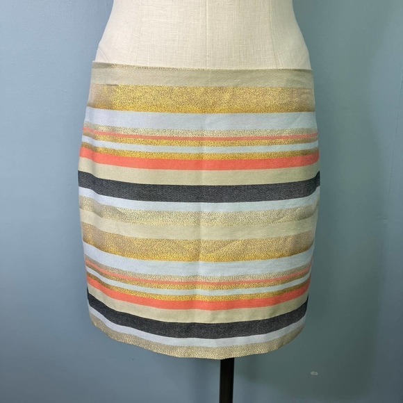 J. Crew Factory Metallic Stripe Gold Coral Black Ribbon Stripe Mini Skirt Size 6 - Picture 1 of 16